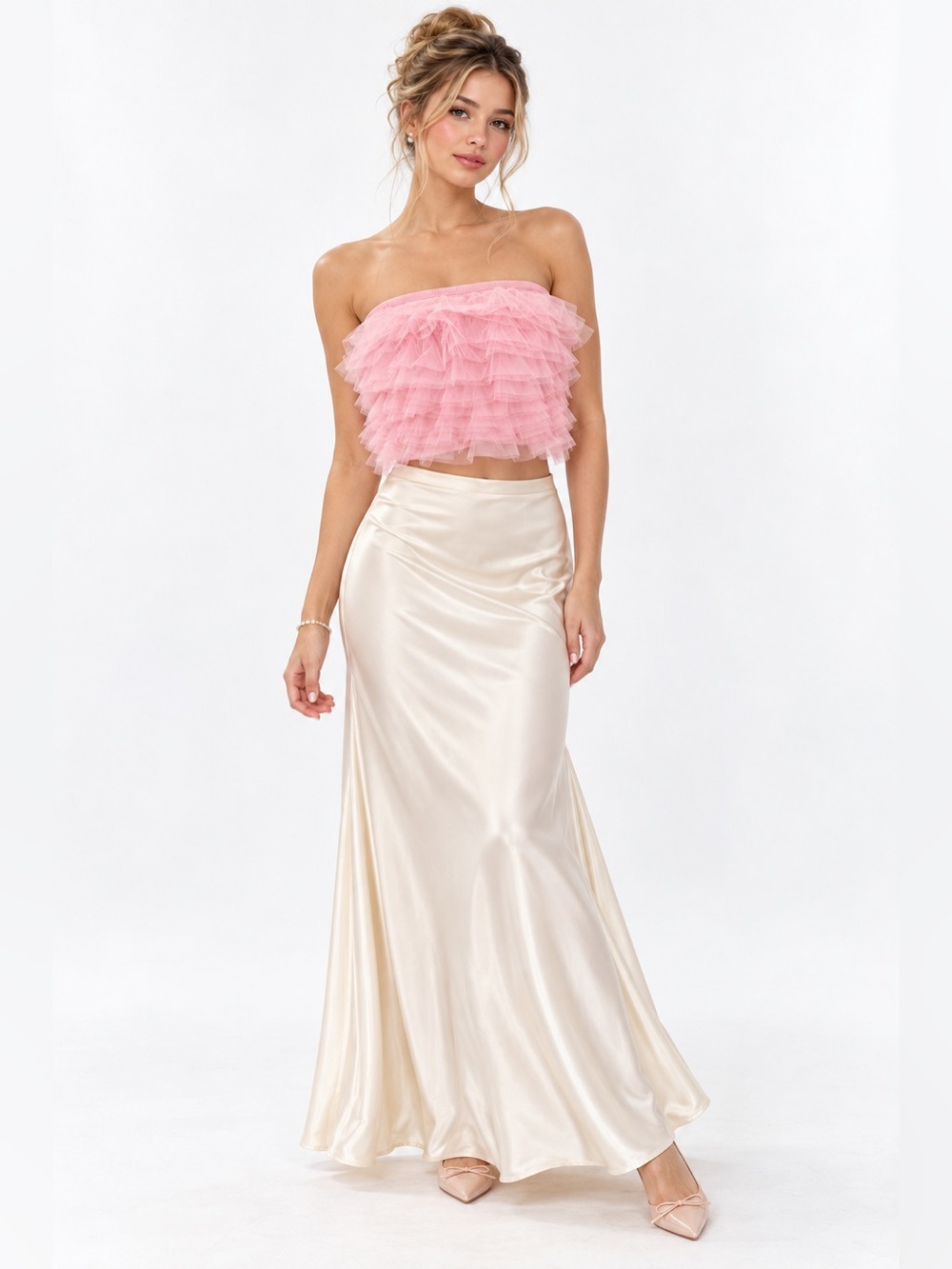 Pink Tulle Ruffle Strapless Tube Crop Top  M Balletcore Party coquette